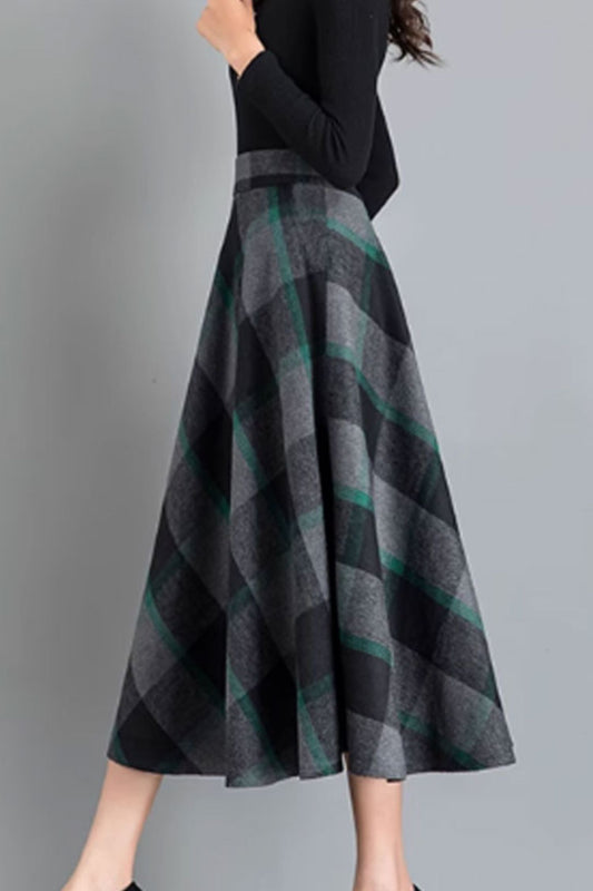 Midi a line winter plaid wool skirt 4641-5