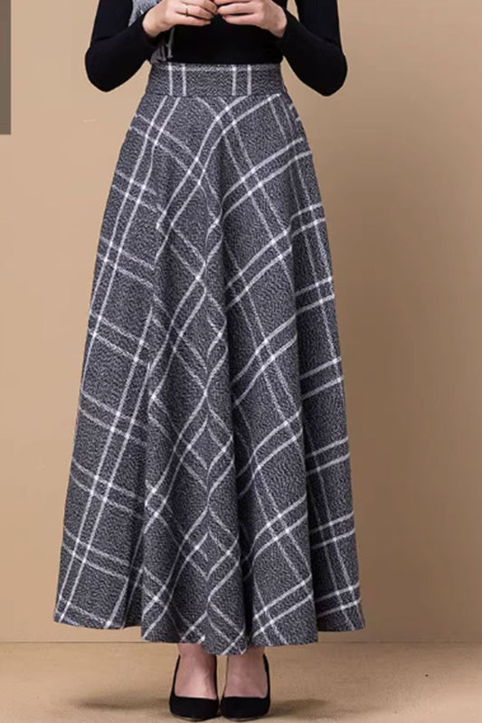 Maxi winter a line plaid wool skirt women 4639-5
