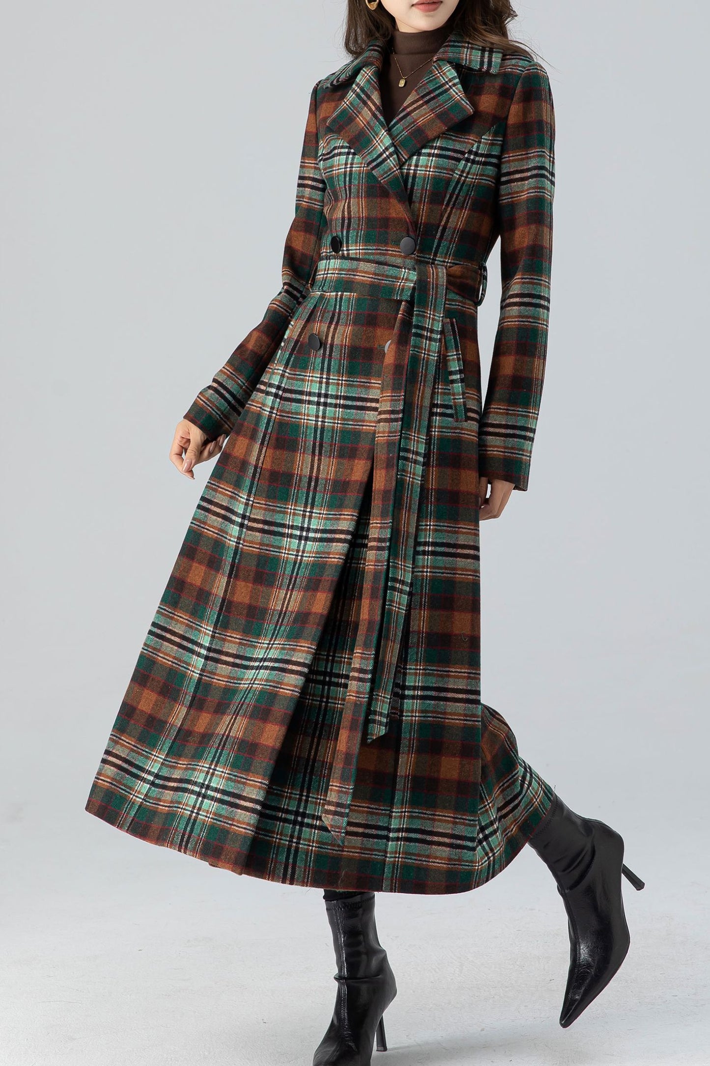 Double breasted winter plaid long wool coat women 4785