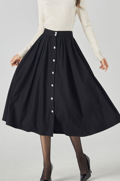 Black Wool Maxi Skirt - Button Front, Mid-Calf Length 4538