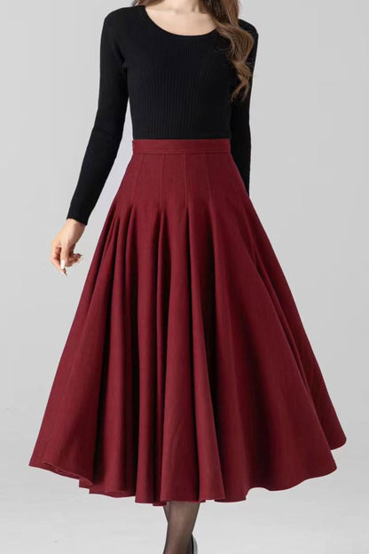 Women's Red Wool Swing Midi Skirt – Warm Winter Pleated High Waist Skirt | Xiaolizi 4782
