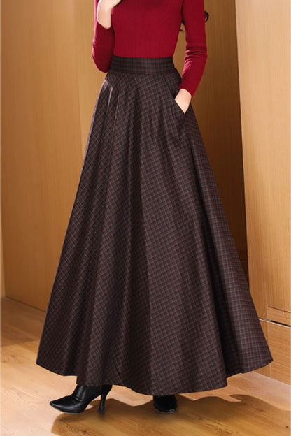 Brown Wool Maxi Skirt - Flowy Plaid with Pockets 4639-7