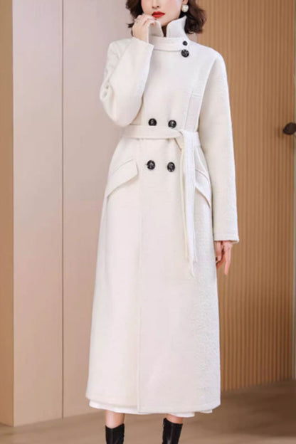 White womens winter wool coat with belt waist 4711