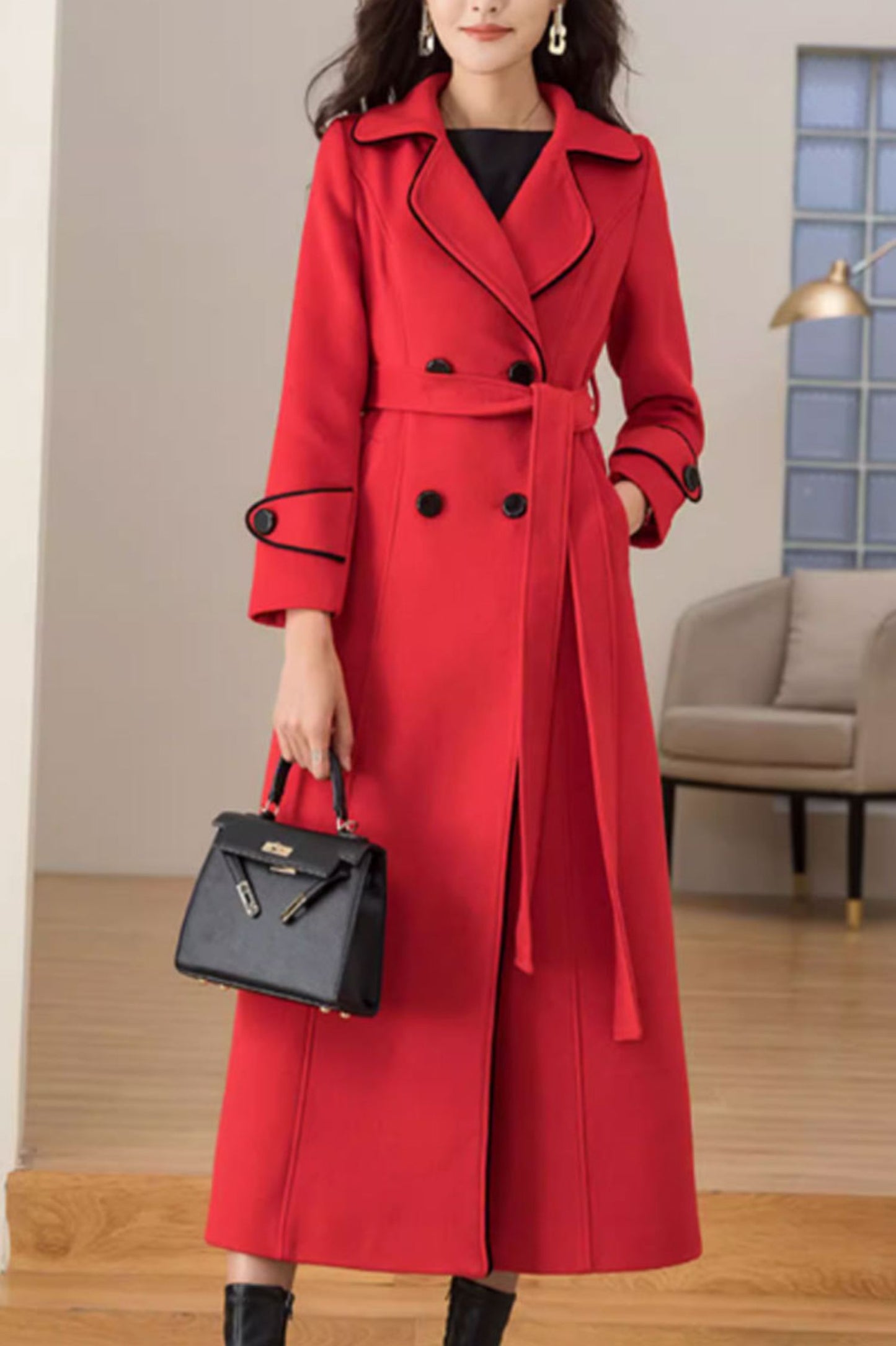 Red long winter wool coat for women 4694