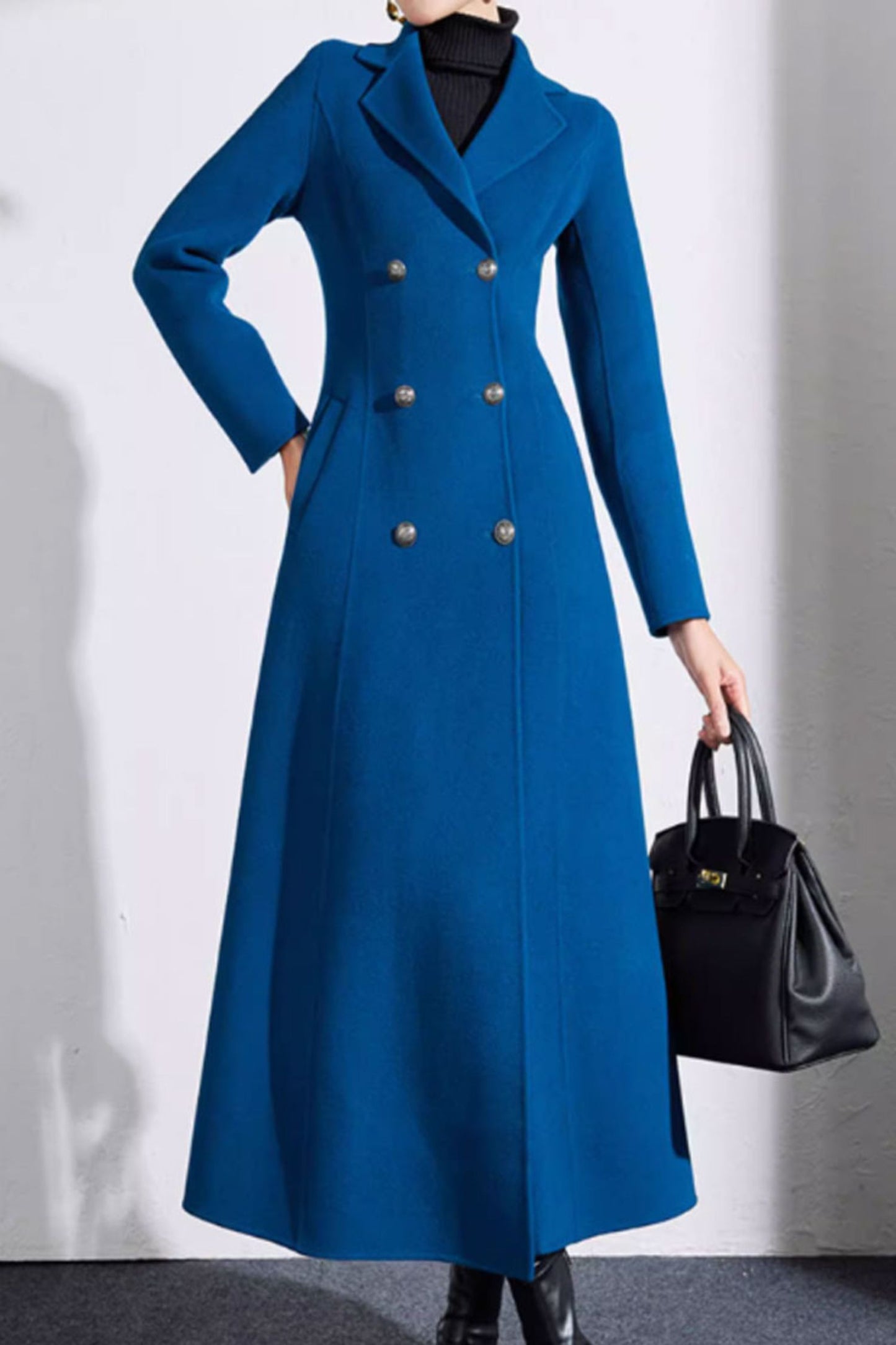 Blue double breasted winter long wool coat women 4699