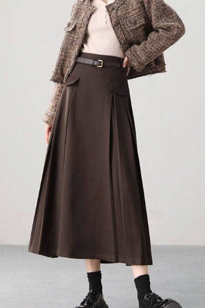 Brown Wool Blend Midi Skirt - A-Line Sophistication 4758