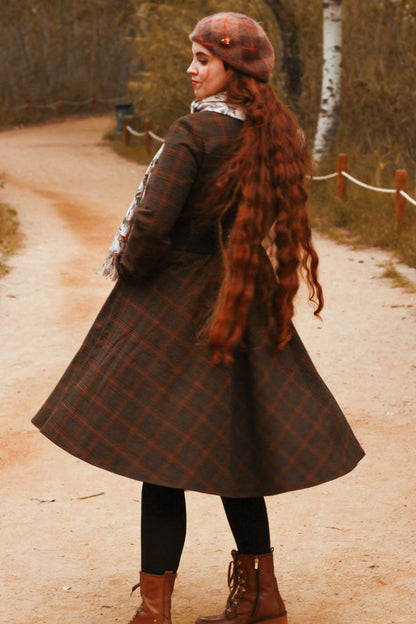 Brown Plaid Wool Midi Dress - Fit and Flare Silhouette 4740