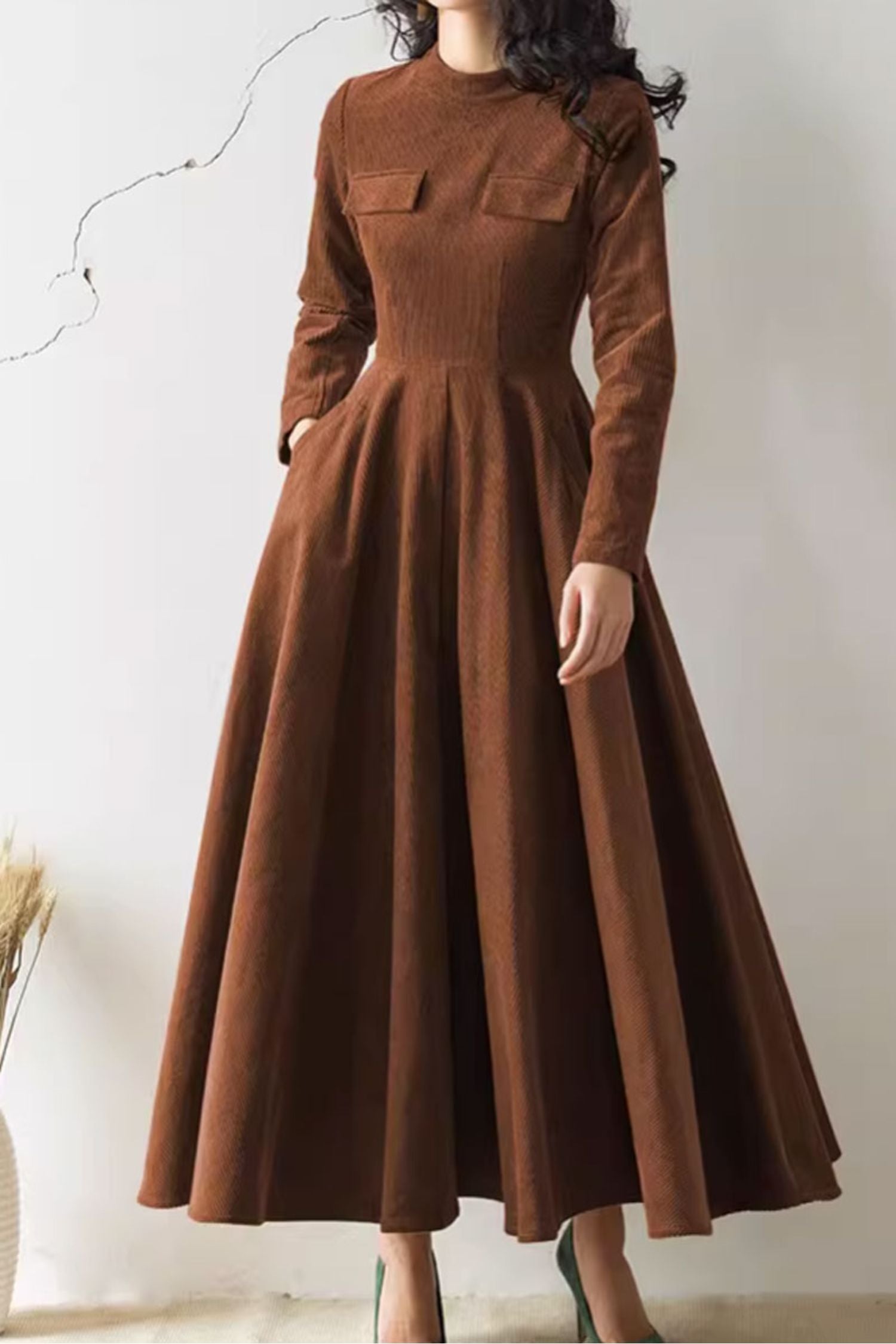 Brown Wool Blend Corduroy Maxi Dress with Fit and Flare Silhouette – Xiaolizi