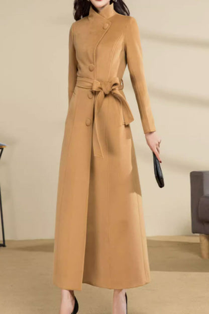 Camel Wool Long Coat - Asymmetrical Front with Tie Belt 4589