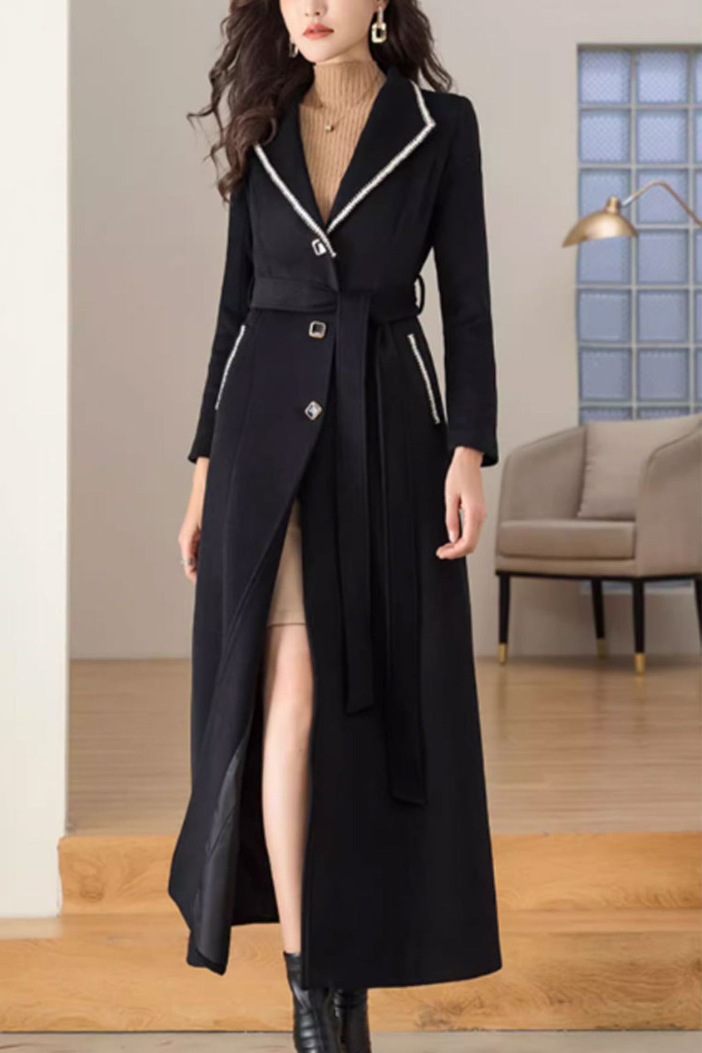 Black winter long wool coat for women 4695