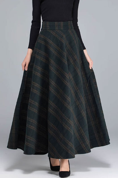 Plaid Wool A-Line Maxi Skirt - Back Elastic Waist, Side Pockets 4779