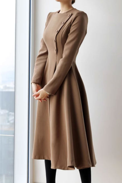 Beige Polyester Midi Dress - Irregular Button Detail with Long Sleeves 4631