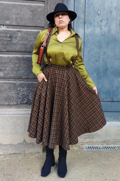 Brown Wool Plaid Midi Circle Skirt - Pleated, High Waist 4723
