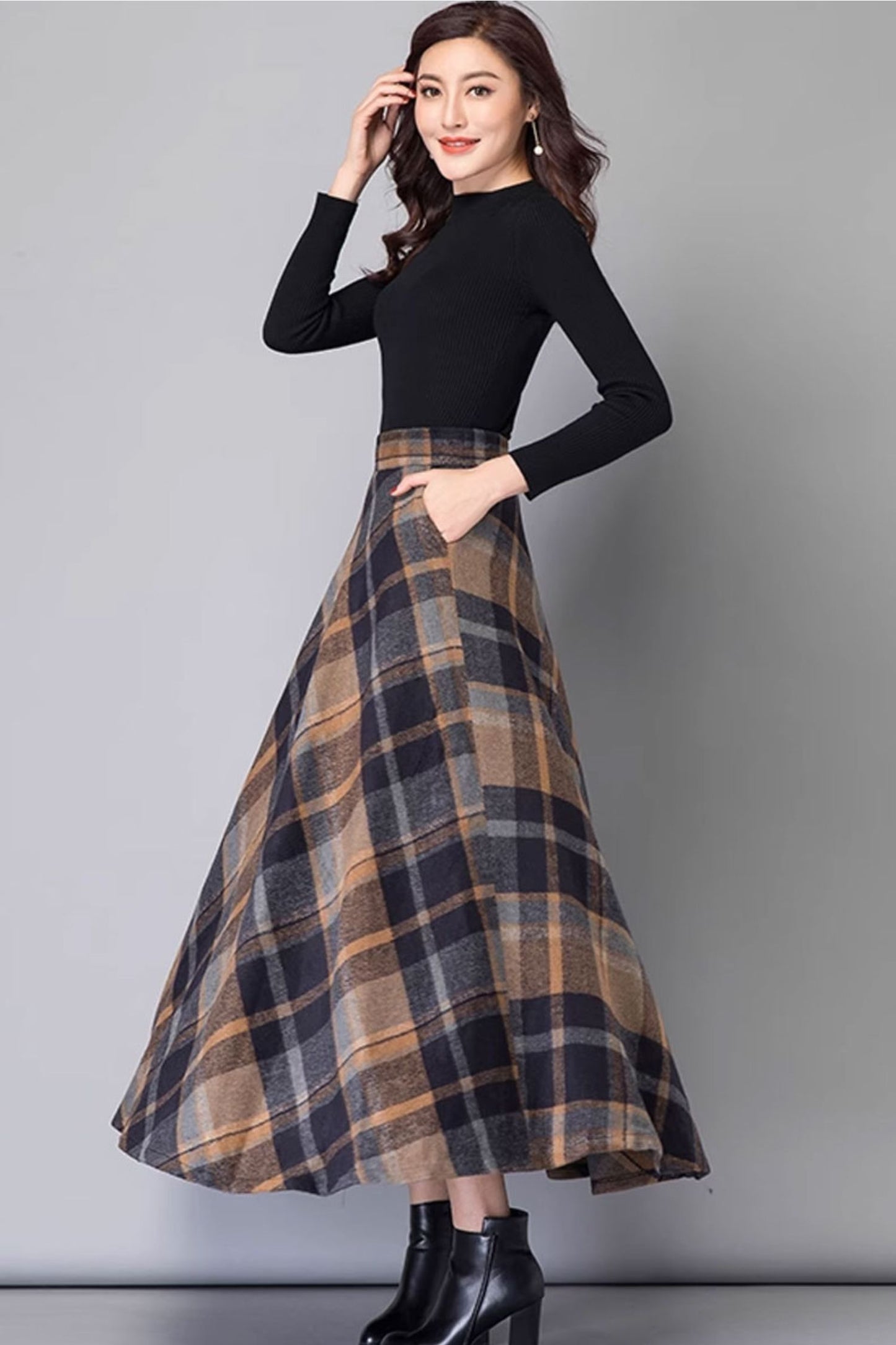 Vintage plaid winter wool skirt for women 4674