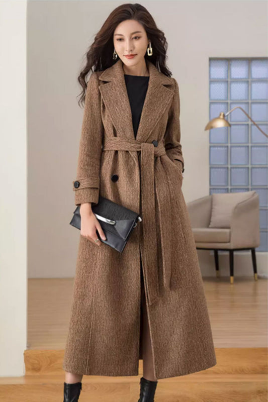 Tie belt winter long wool coat women 4697