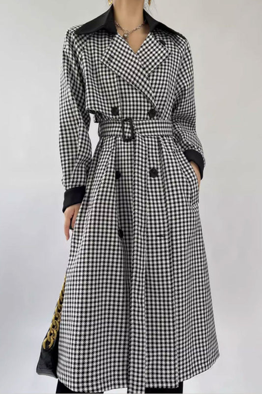 Black and white plaid long trench coat 4633
