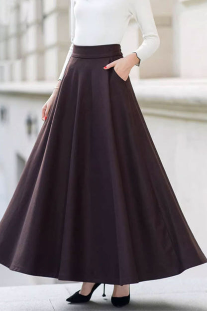 Brown Wool Maxi Skirt - A-Line Silhouette with Side Pockets 4746