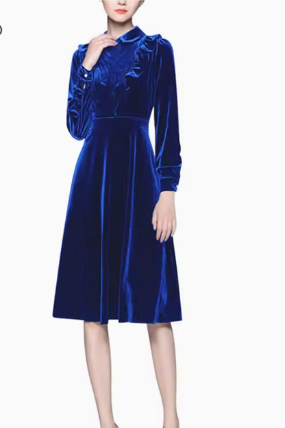 Blue Velvet Knee Length Dress - Ruffle Detail & Lapel Collar 4798