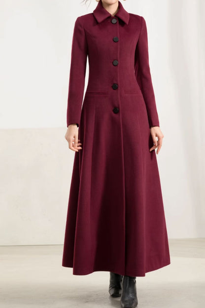 Burgundy Wool Maxi Coat - Fitted Waist, Classic Lapel Collar 4570