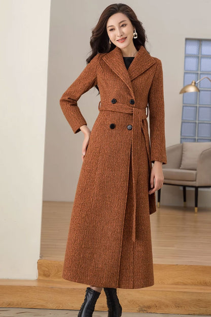 Tie belt winter long wool coat with lapel collar 4698