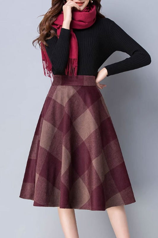 Knee length plaid winter wool skirt 4642