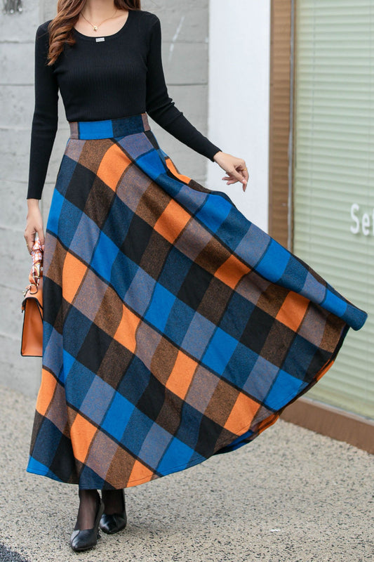 Womens winter plaid long wool skirt 4677