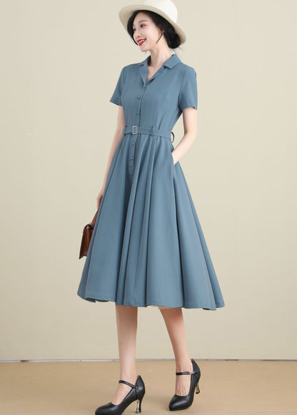 Blue Linen Cotton Shirtwaist Dress - Vintage Inspired, Below Knee Length 3277