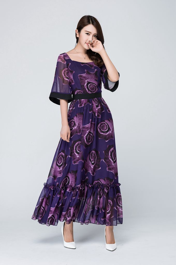Elegant Purple Floral Maxi Dress for Women in Flowing Chiffon 1546