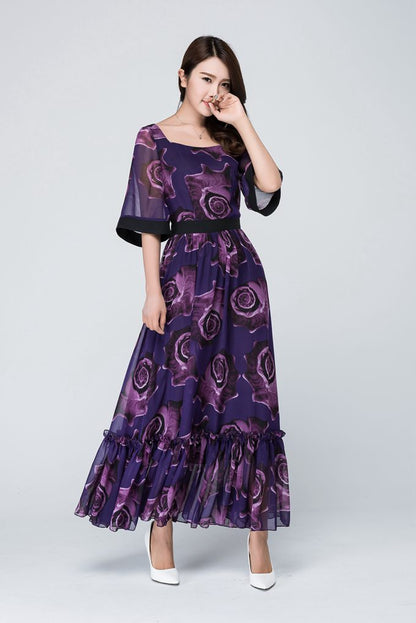 Elegant Purple Floral Maxi Dress for Women in Flowing Chiffon 1546