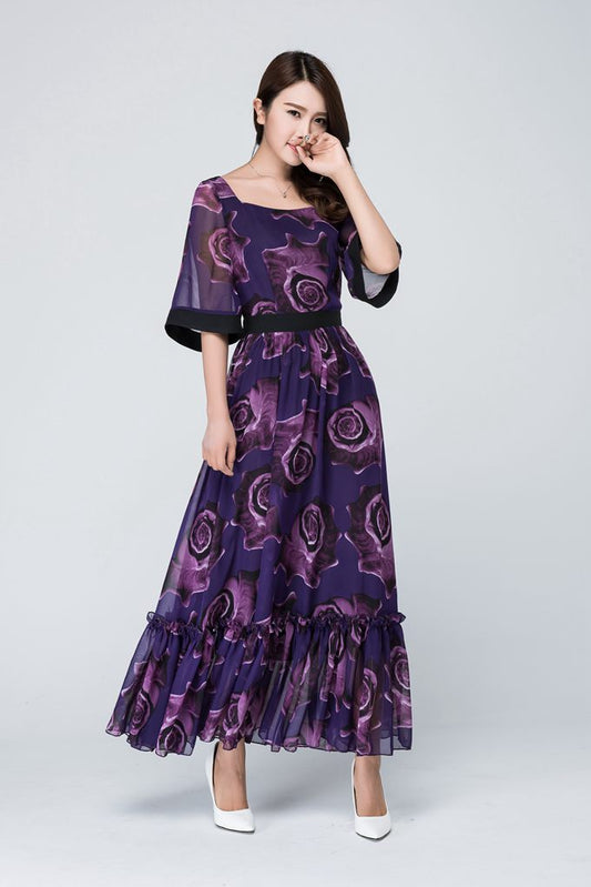 Elegant Purple Floral Maxi Dress for Women in Flowing Chiffon 1546