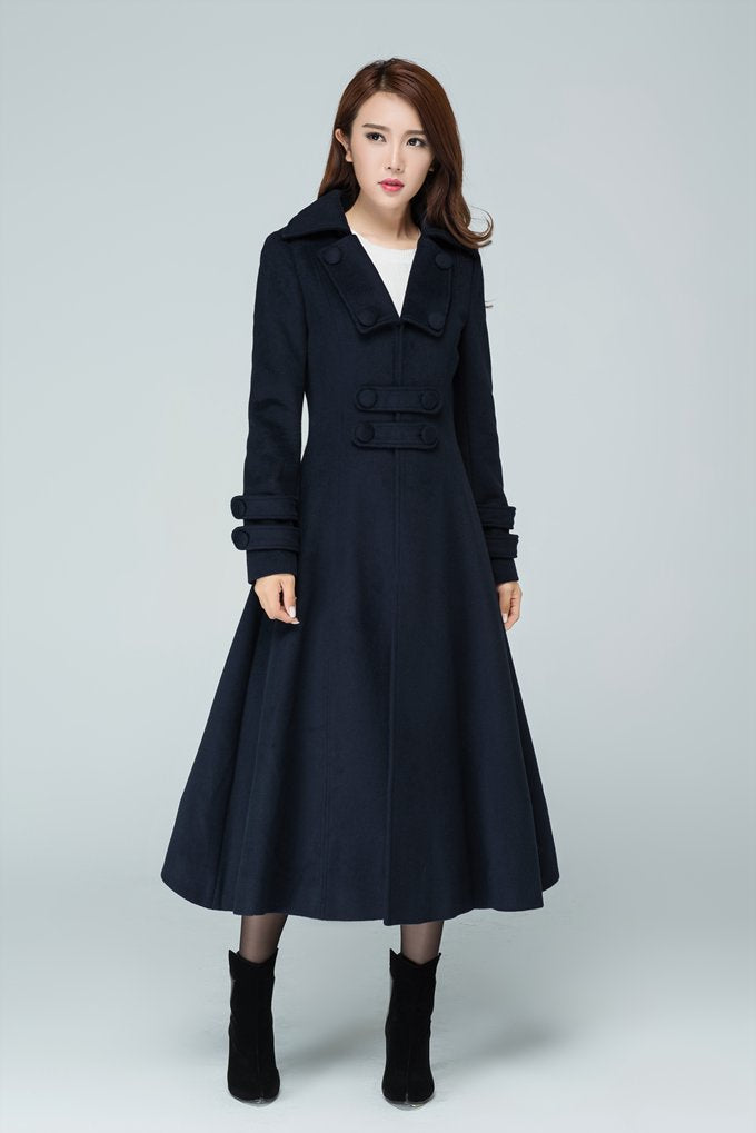 Navy Wool Long Coat – Classic Military-Inspired Winter Midi | Xiaolizi 1598