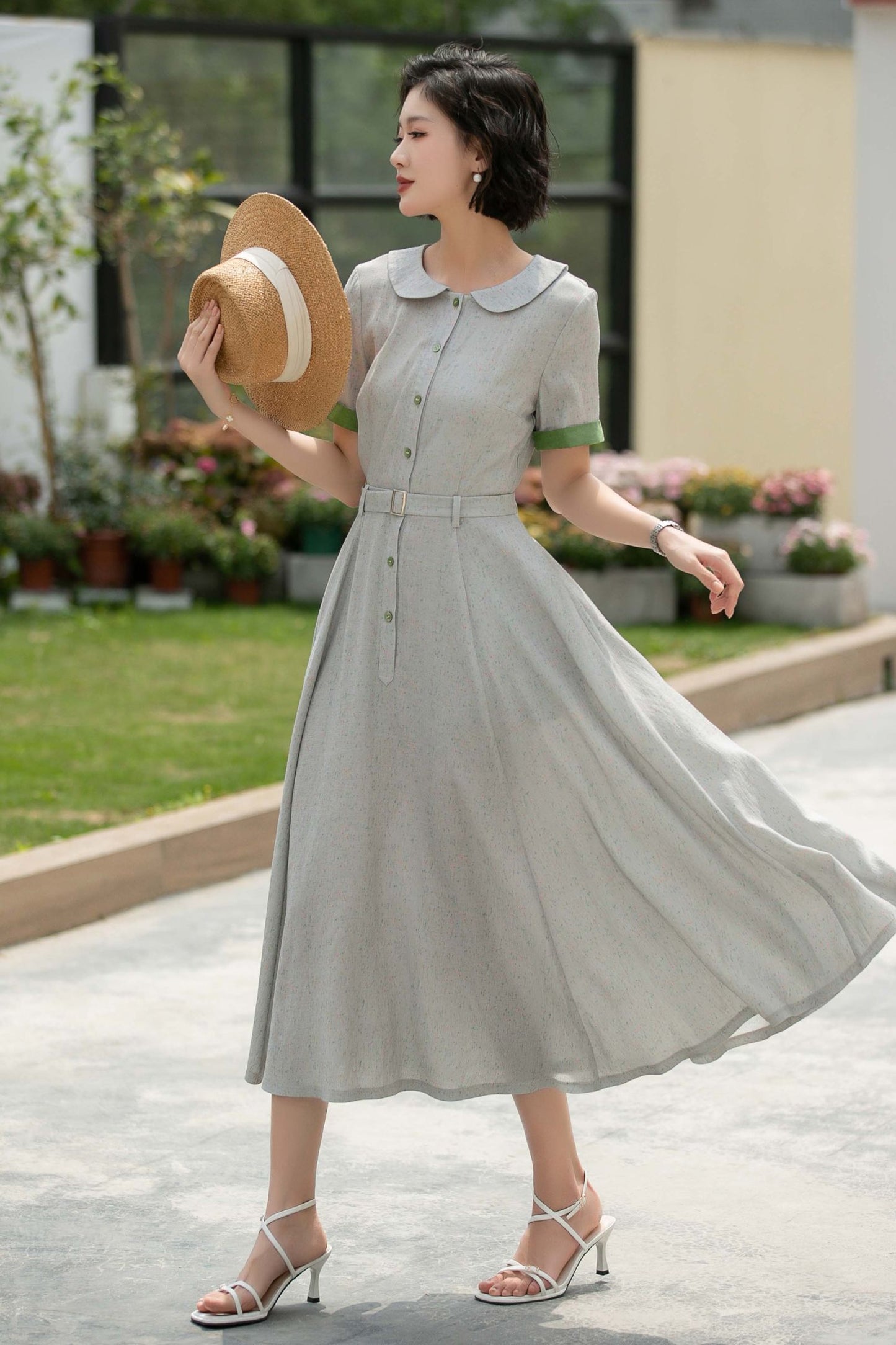 Grey midi Swing linen shirt Dress 5987 - S #CK2500324