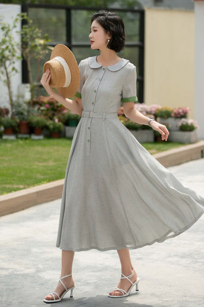 Grey midi Swing linen shirt Dress 5987 - S #CK2500324