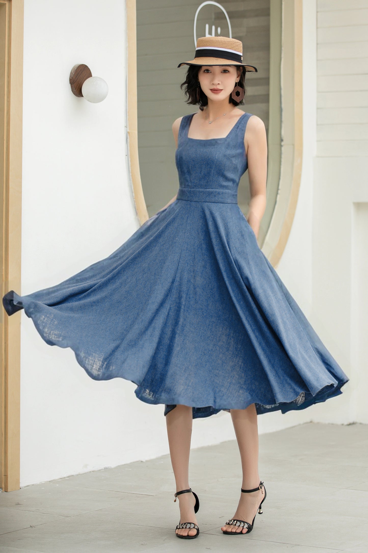 Stylish A-Line Linen Suspender Dress with Square Neckline | Xiaolizi 6071