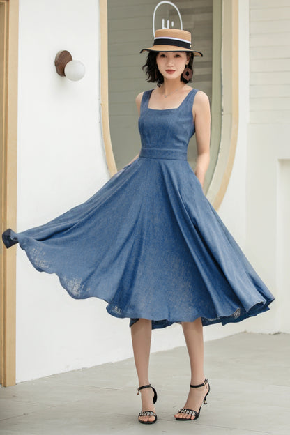 Stylish A-Line Linen Suspender Dress with Square Neckline | Xiaolizi 6071
