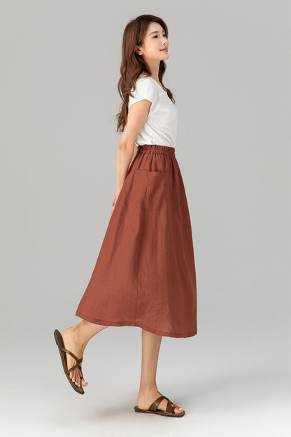 Rust Linen A-Line Midi Skirt - Elastic Waist with Pockets 4905