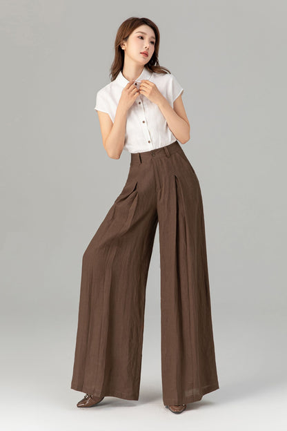 Brown Linen Wide Leg Pants - High Waisted Pleated Detail 4918