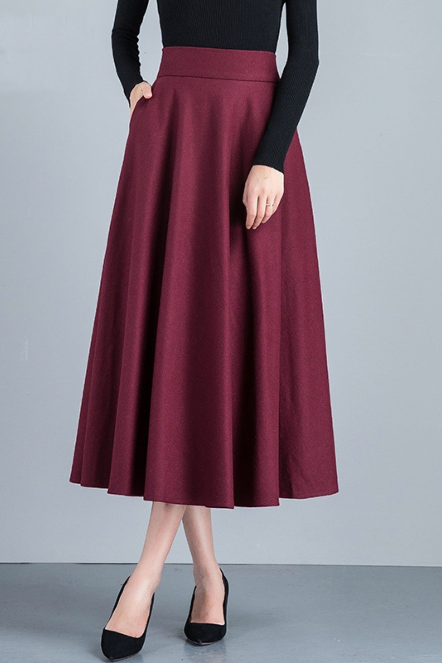 Handmade Wool Midi Skirt – Vintage A-Line High Waist with Pockets 6212