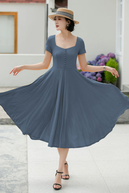 Linen Midi Dress for Women, Square Neckline | Xiaolizi 5981