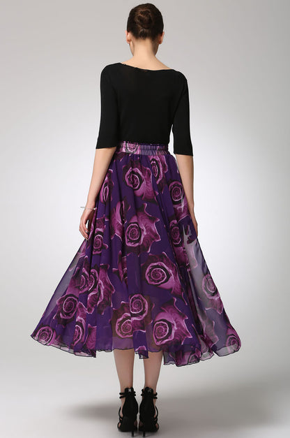 Vintage-Inspired Purple Print Chiffon Skirt with Elastic Waist 1297