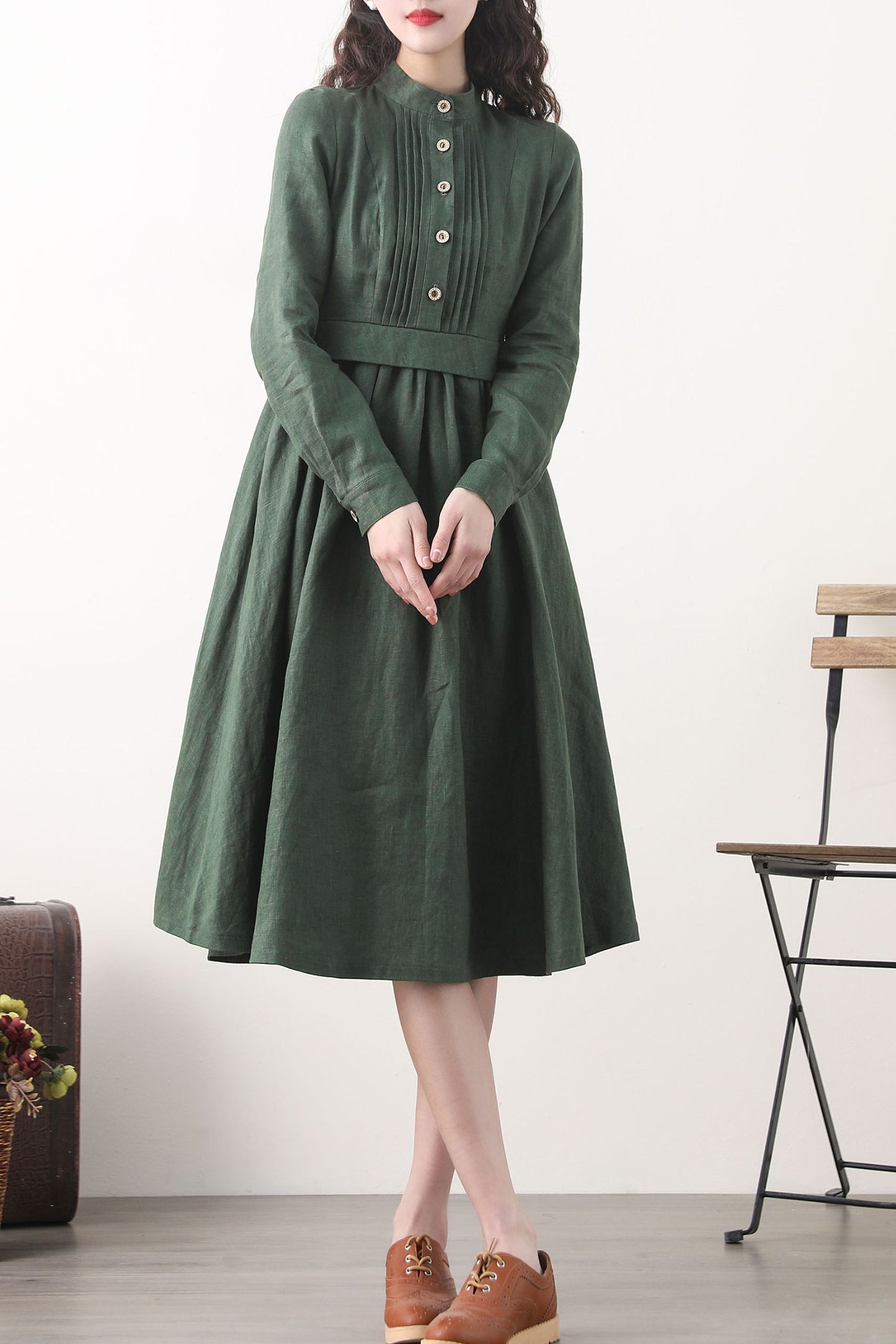 Midi green linen swing spring dresses 2576