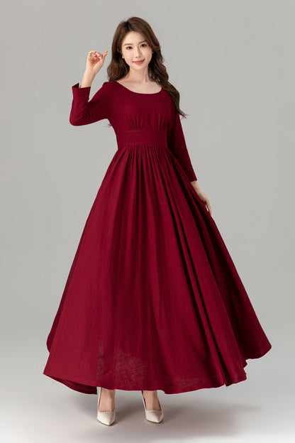 Burgundy Linen Maxi Dress - High Waisted, Flowing Silhouette 4924