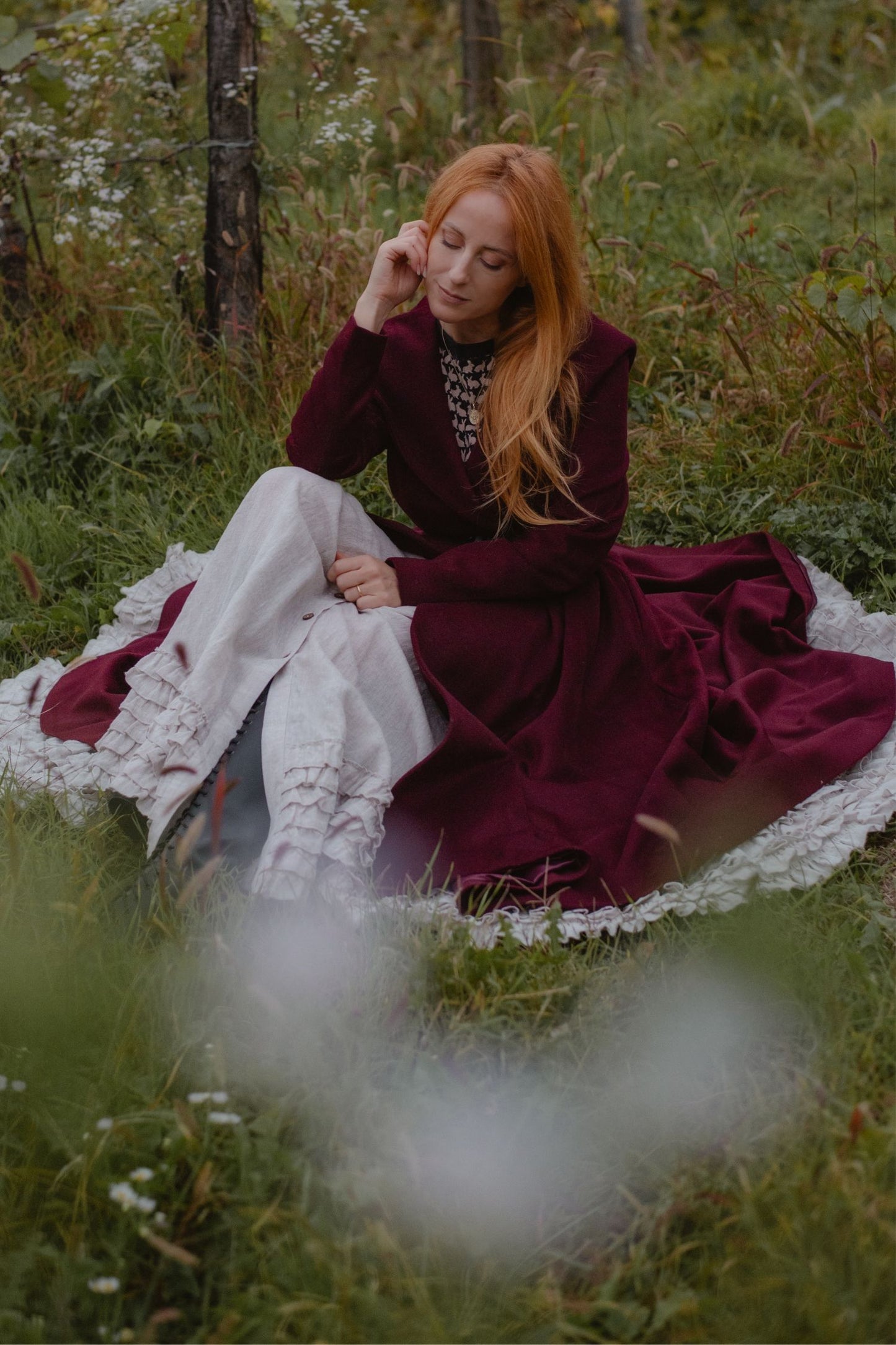 Burgundy Hooded Wool Coat – Handmade Long Belted Wool Winter Overcoat for Women 6546