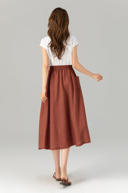 Rust Linen A-Line Midi Skirt - Elastic Waist with Pockets 4905