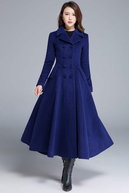 Blue Wool Winter Coat – Double Breasted Long Overcoat with Pockets  1685