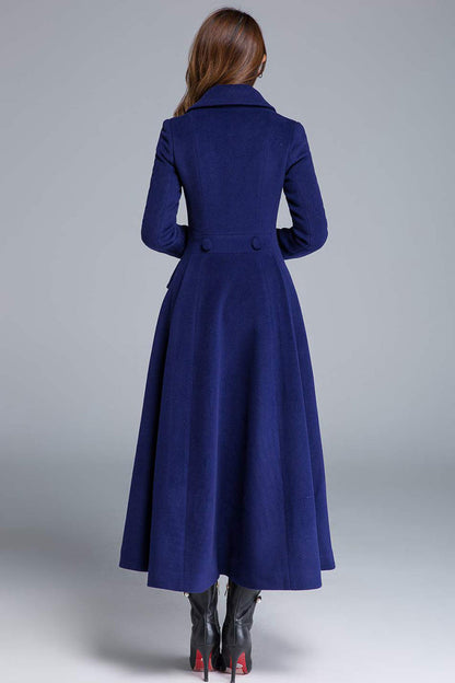 Blue Wool Winter Coat – Double Breasted Long Overcoat with Pockets  1685