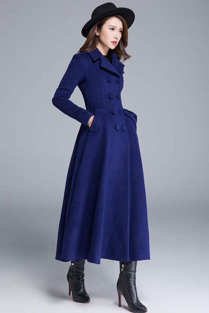 Blue Wool Winter Coat – Double Breasted Long Overcoat with Pockets  1685