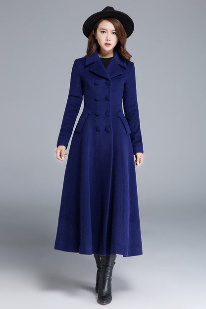 Blue Wool Winter Coat – Double Breasted Long Overcoat with Pockets  1685