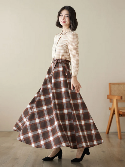 Brown Wool Maxi Skirt - Plaid Patterned, Elastic Waist 4625