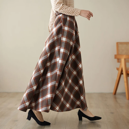 Brown Wool Maxi Skirt - Plaid Patterned, Elastic Waist 4625